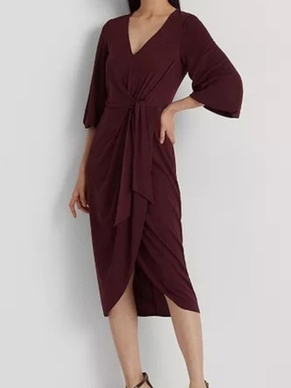 Lauren Ralph Lauren dark red purple Stretch Jersey Tie-Front Midi Dress 2 FLAW